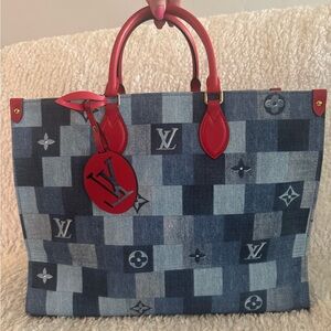 NEW  Patchwork Denim Tote with Red Leather Trim
